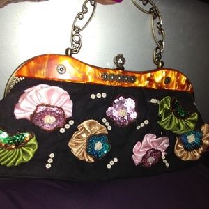 Women's black Microsuede clutch with flowers